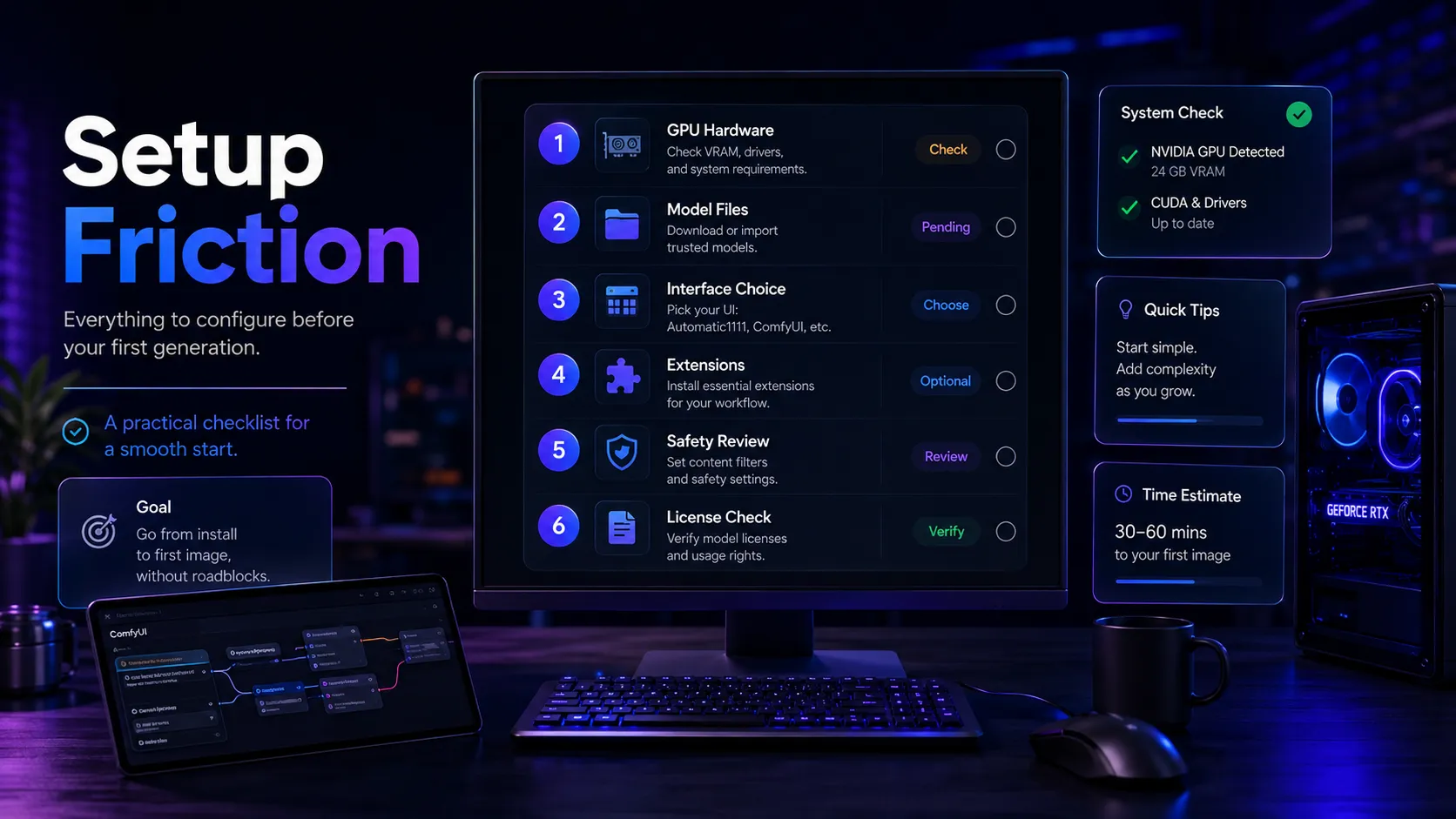 Stable Diffusion setup friction visual showing hardware, model files, interfaces, extensions, and licensing checks
