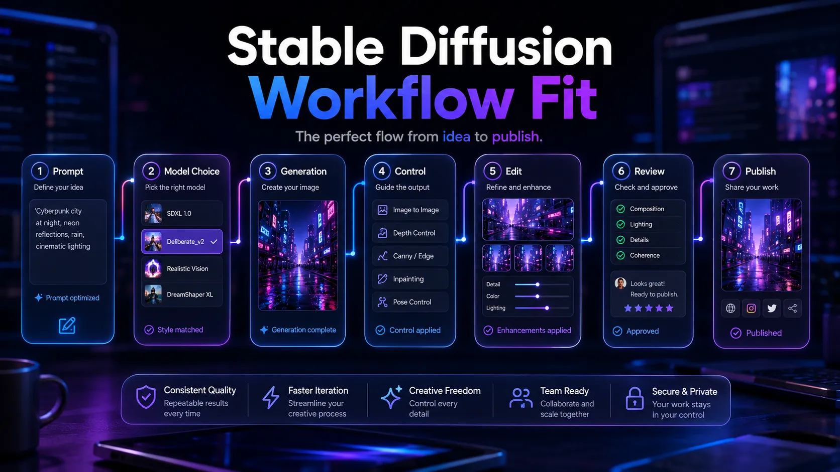Stable Diffusion workflow fit diagram showing instruction planning, model choice, generation, editing, review, and publishing