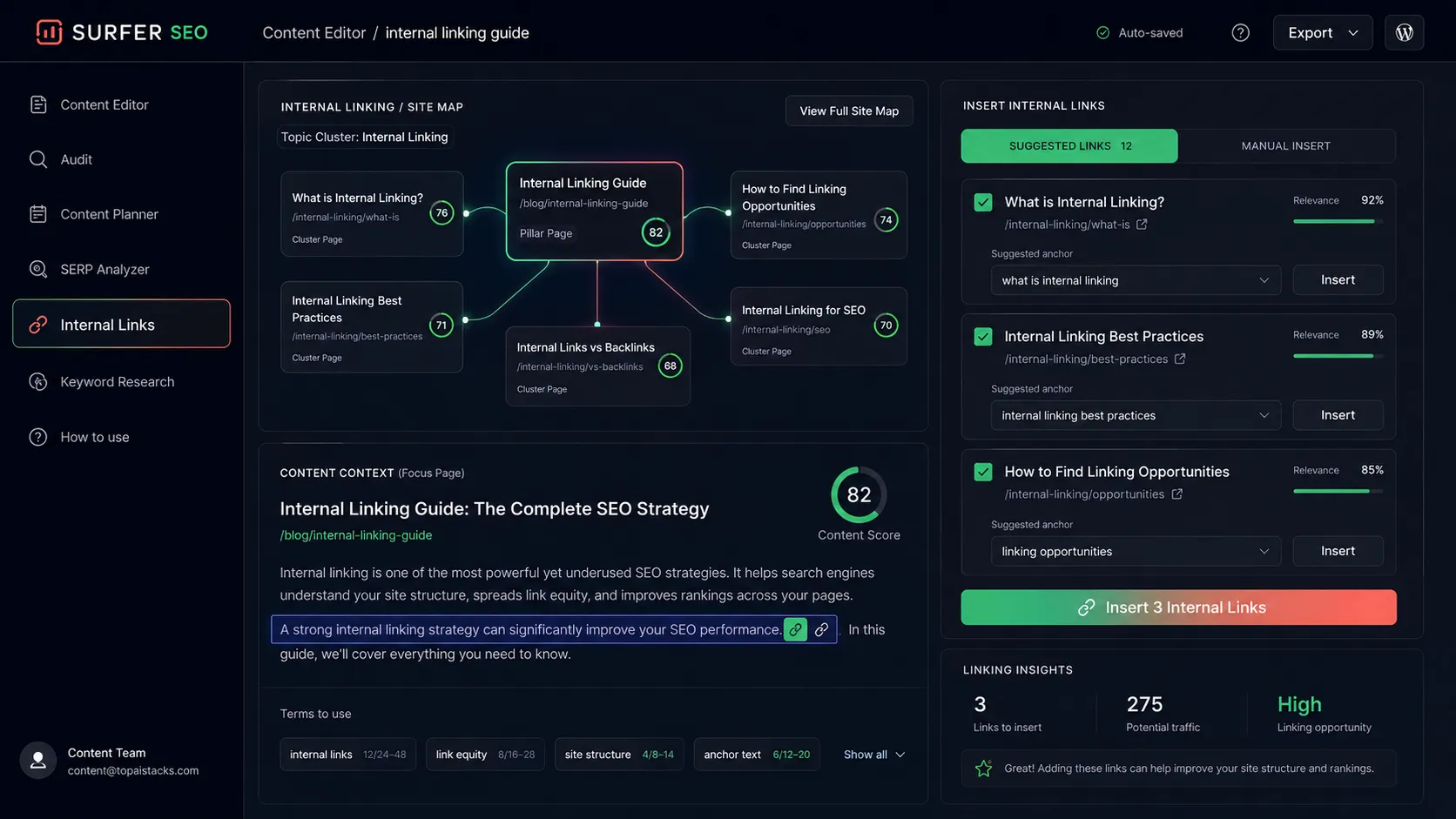 Surfer SEO internal linking layer visual showing content clusters, site pages, topic context, and link recommendations