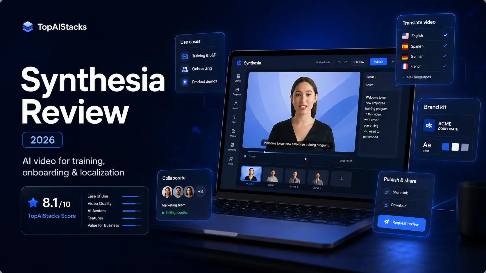 Synthesia review hero showing an AI avatar video workflow for training, localization, and business communication