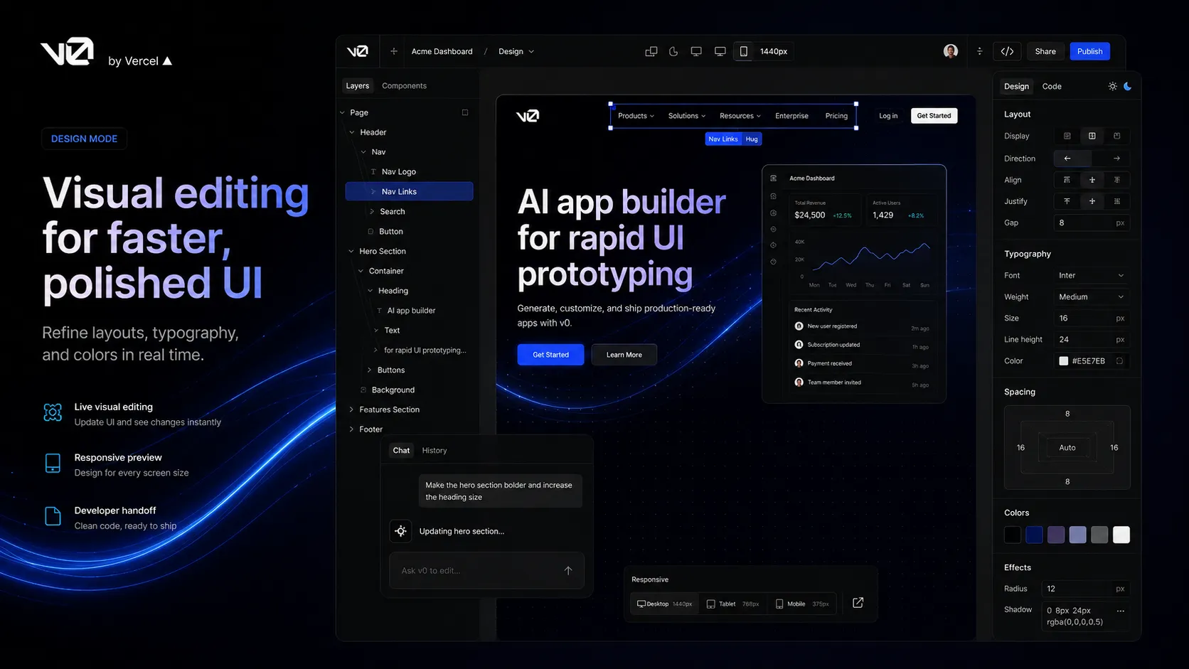 v0 design mode decision visual showing visual editing, component refinement, responsive layout review, and developer handoff