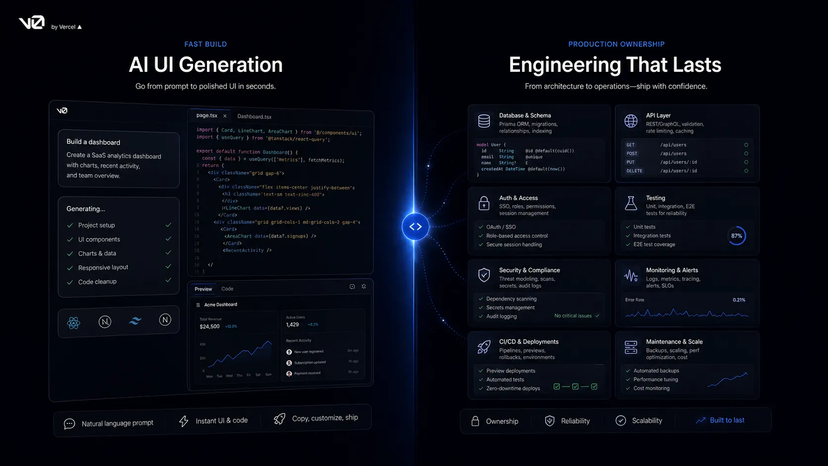 v0 full-stack boundary visual showing UI generation, backend logic, databases, APIs, security review, and engineering ownership