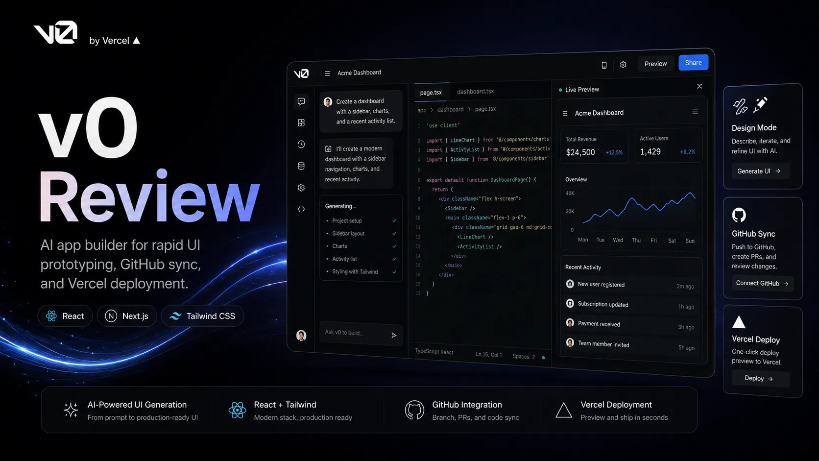 v0 by Vercel review hero showing an AI app builder workflow with chat instructions, React UI, GitHub sync, and Vercel deployment layers