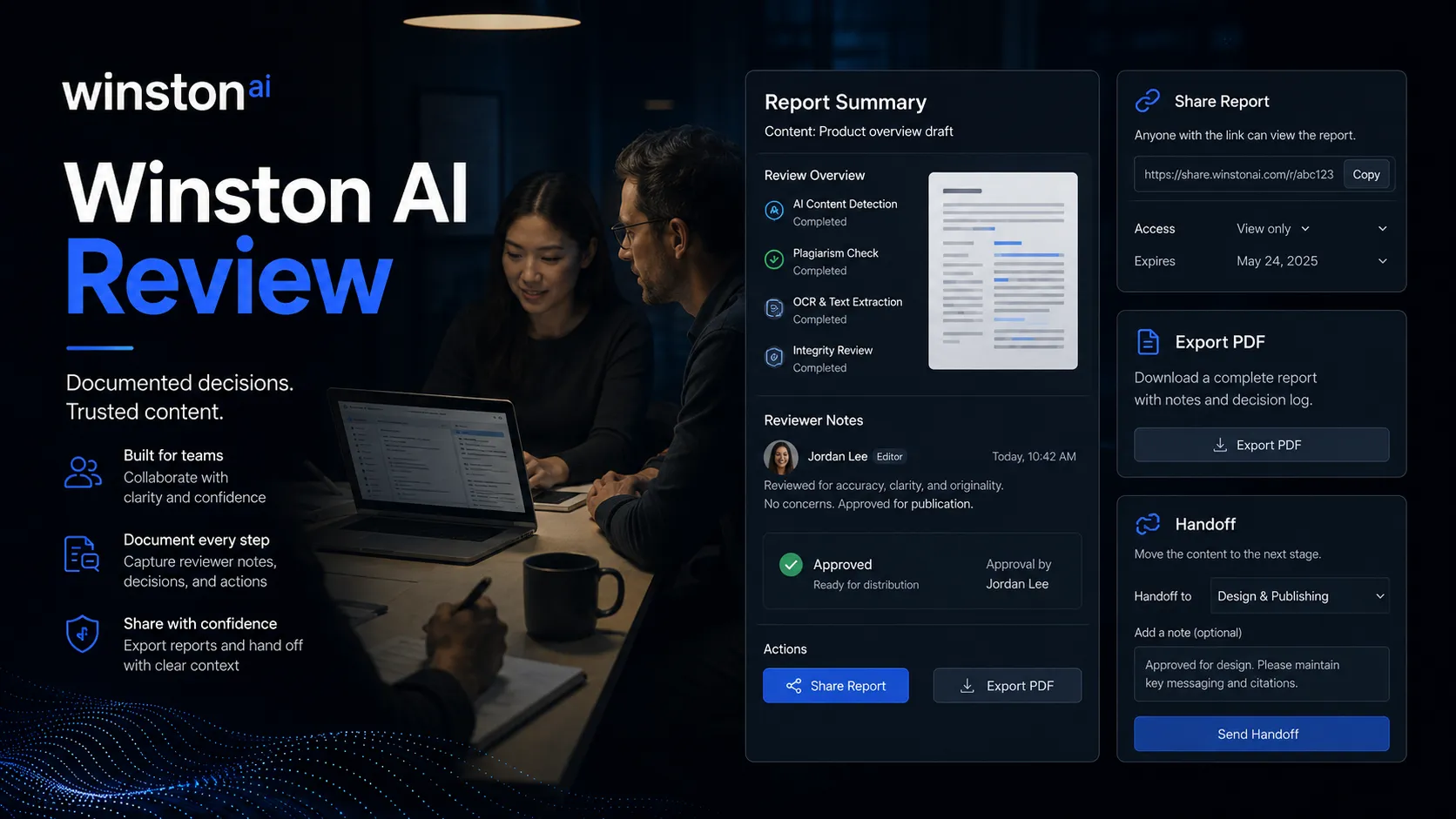 Winston AI score interpretation visual showing detector result, sentence highlights, and human review notes