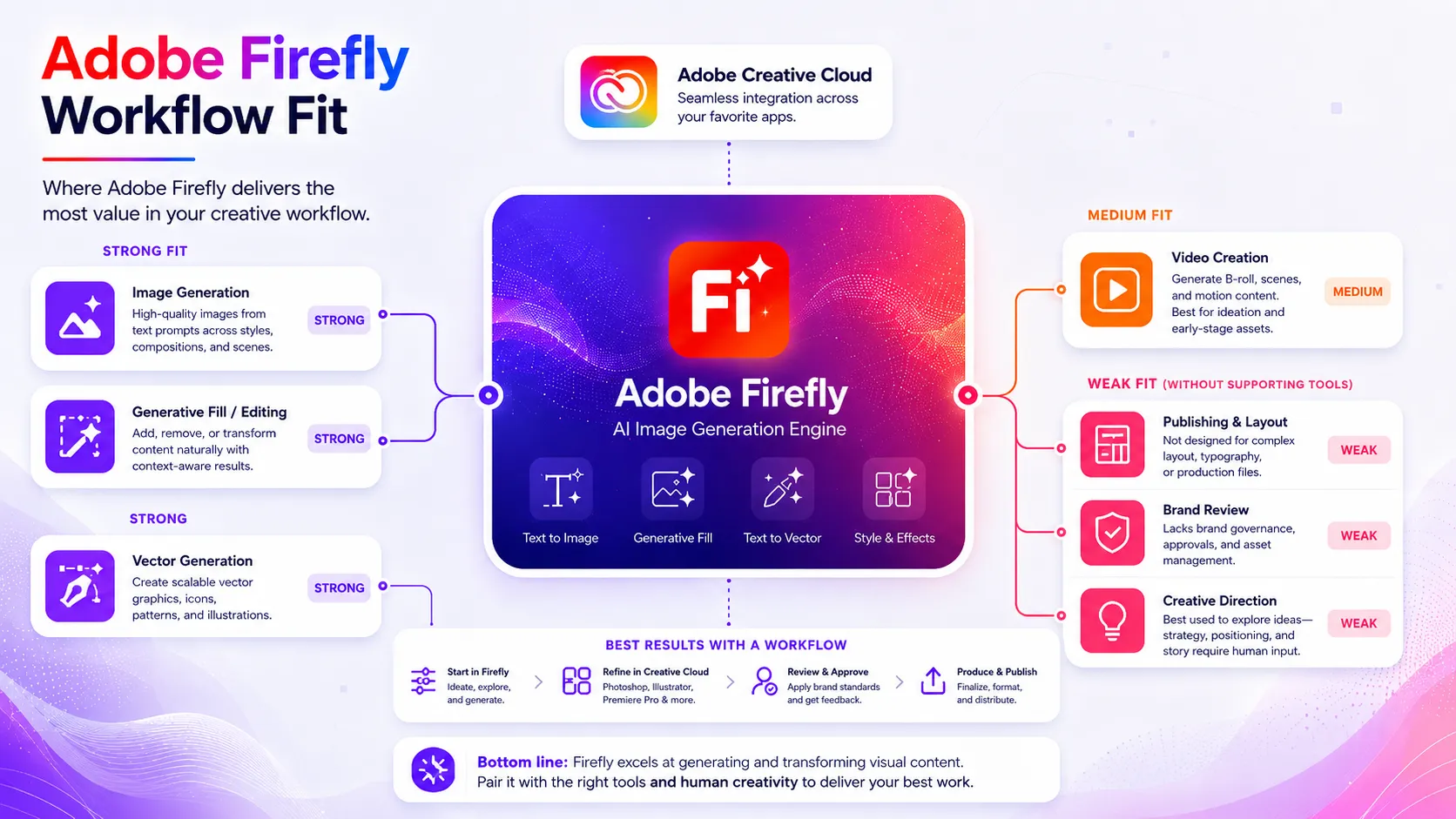 Adobe Firefly workflow fit showing strong image generation, medium video, weak publishing and brand review