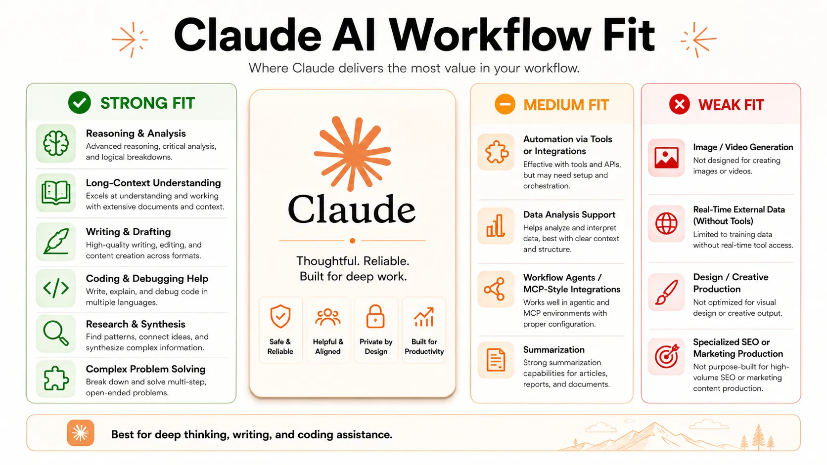 Claude workflow fit showing strong reasoning and coding, medium automation, weak image output