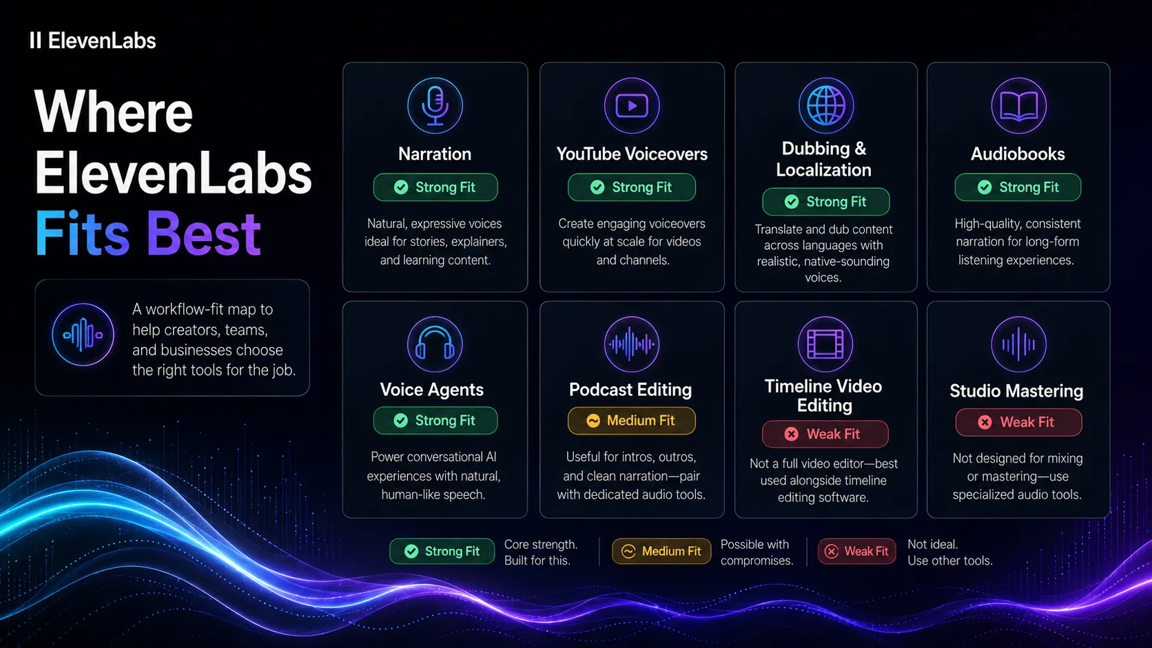 Workflow fit diagram for ElevenLabs across voice generation and audio tasks