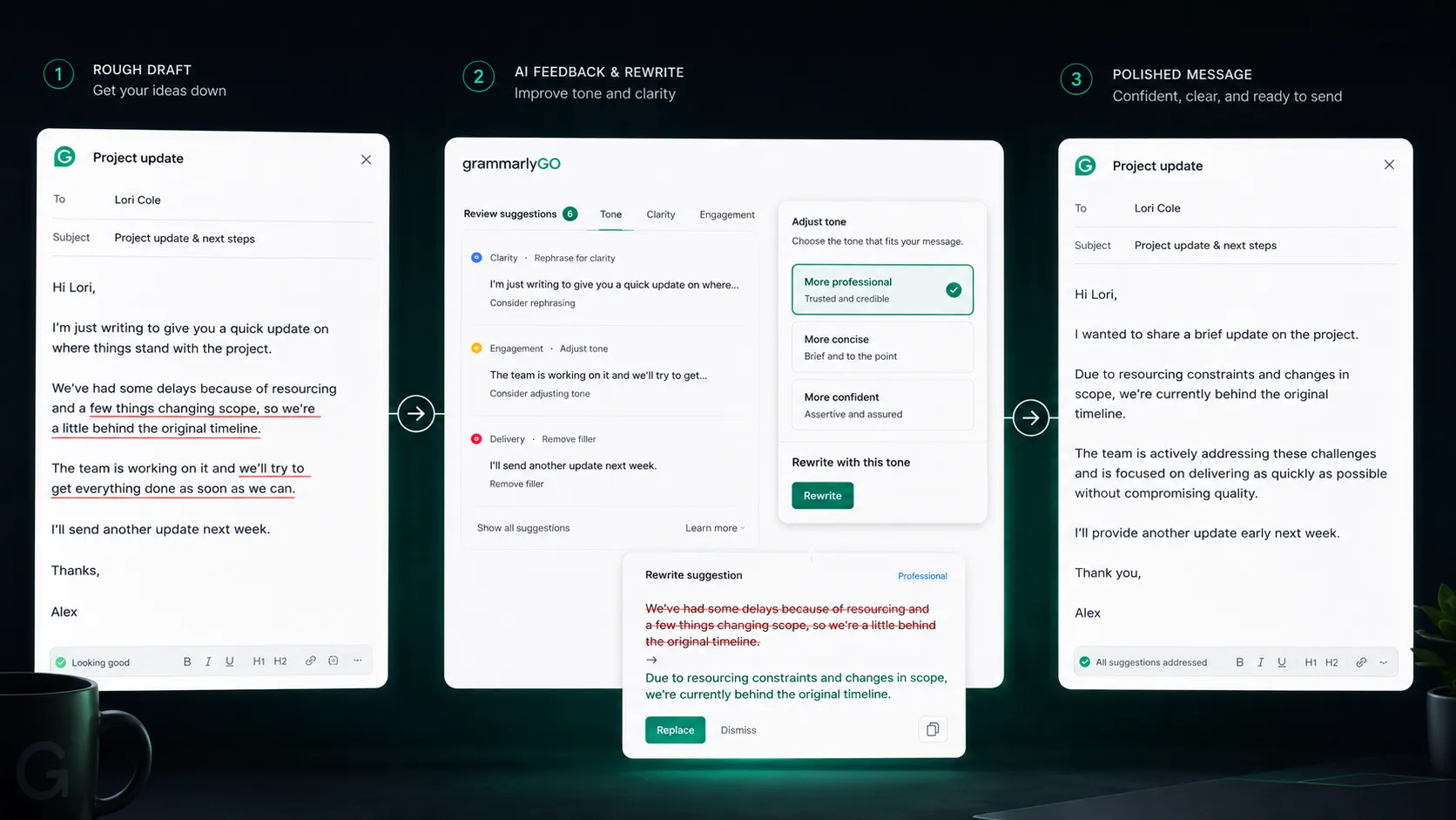 Workflow fit diagram for Grammarly across writing polish and editing tasks