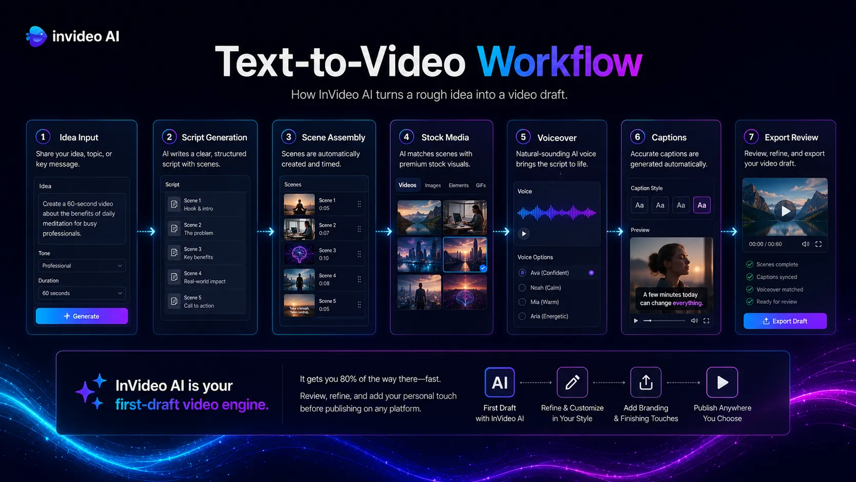 Workflow fit diagram for InVideo AI across prompt-to-video and social content tasks