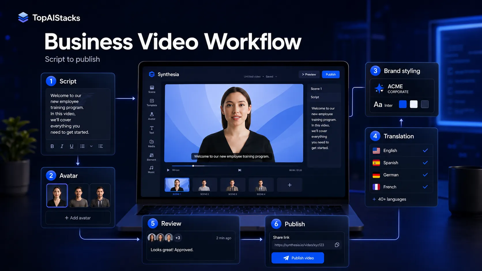 Synthesia workflow fit diagram for training, localization, enablement, and video publishing